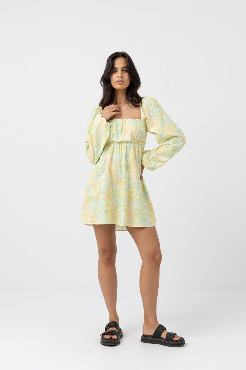 Rhythm - Vestido minifalda con estampado floral de manga larga Magnolia - Fern - Mujer