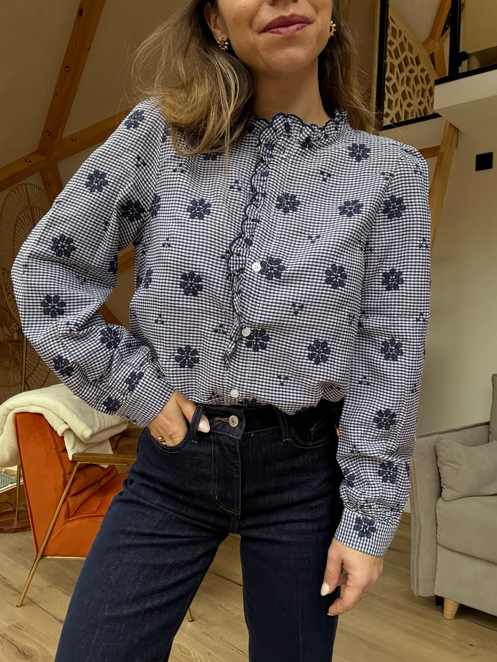 Elsa navy embroidered blouse