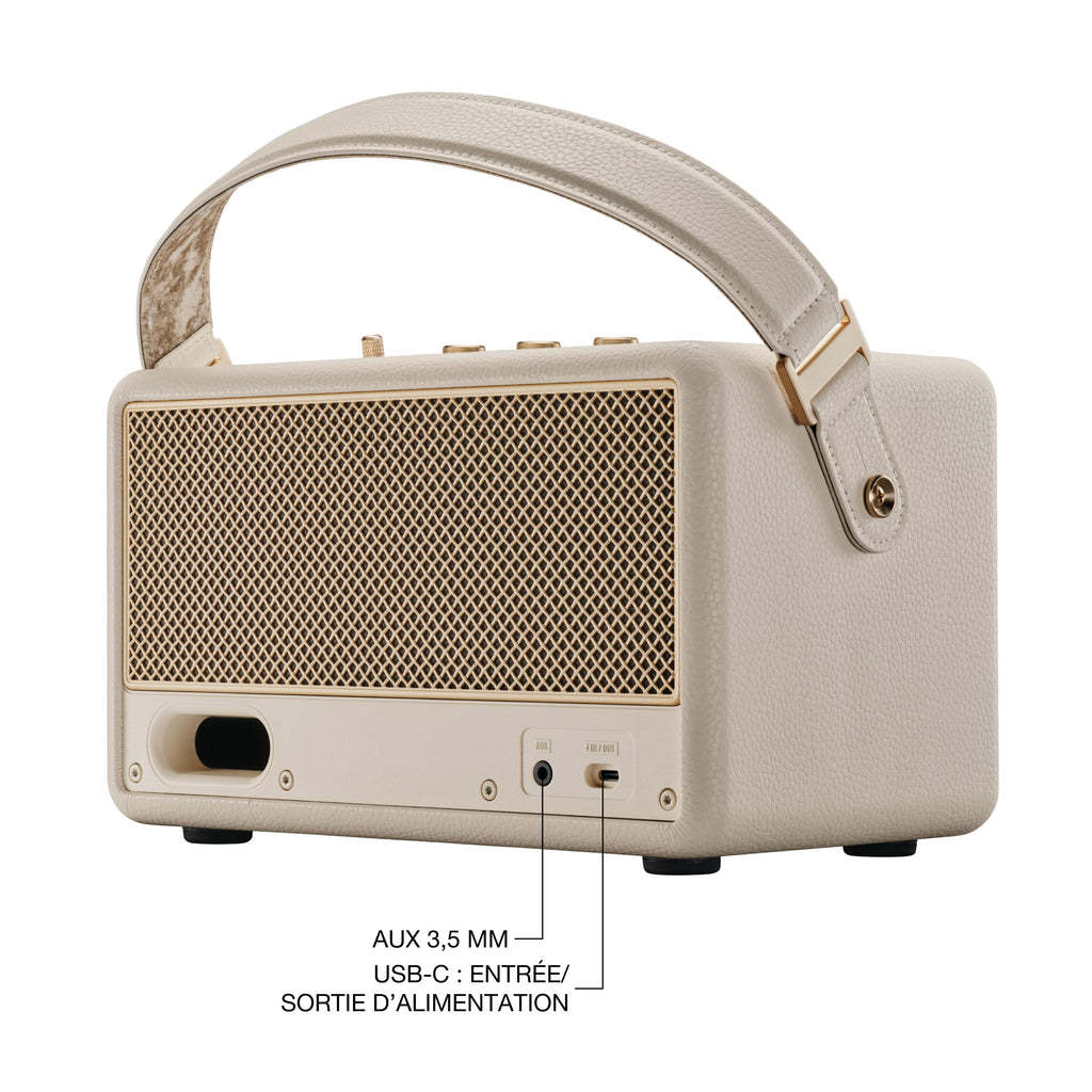 Marshall – Kilburn III - Portable Speaker - Cream, beige portable speaker with handle, back view, on a white background