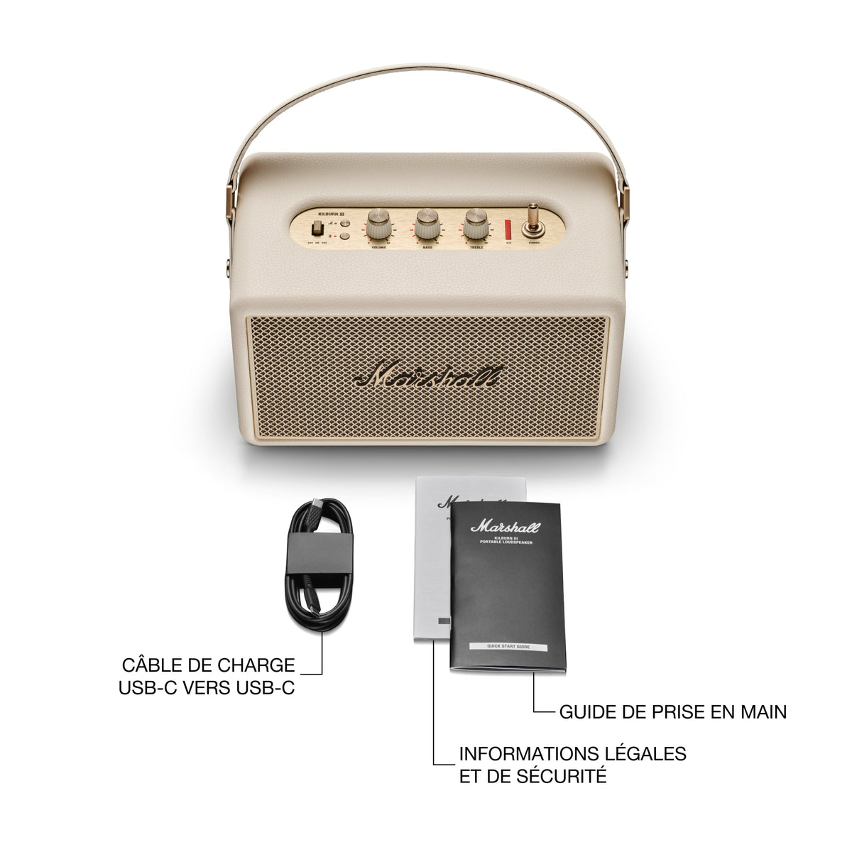 Marshall – Kilburn III - Portable Speaker - Cream, set of a portable speaker and its accessories on a white background