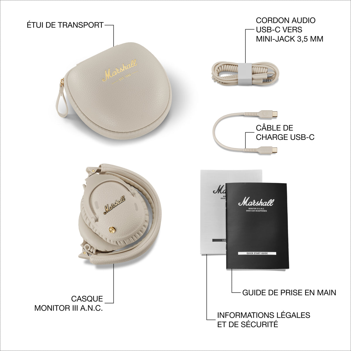 Marshall – Monitor III ANC - Cuffie Wireless - Crema, cuffie audio, custodia, cavi e manuali su sfondo bianco