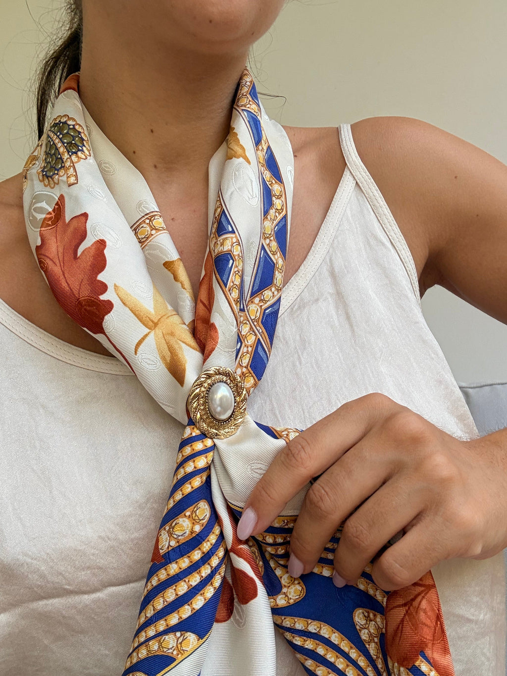 Anneau De Foulard Vintage - Perle Centrale Et Bordure Dorée