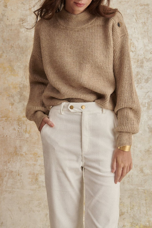 Pull beige à col montant boutonnage sur l'épaule en acrylique et laine ample hiver vêtement femme