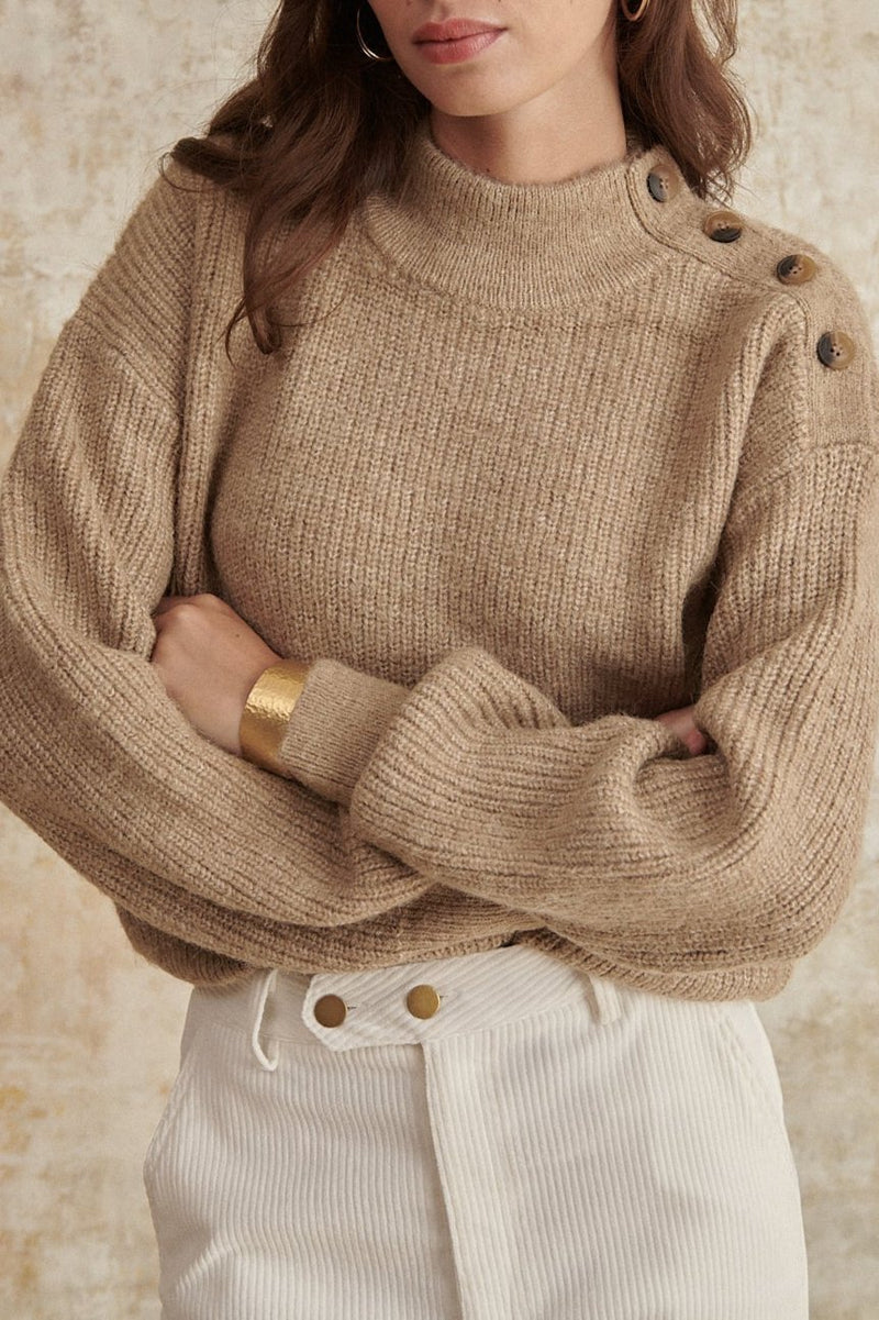 Pull beige à col montant boutonnage sur l'épaule en acrylique et laine ample hiver vêtement femme