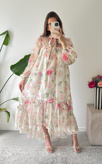 Riomaggiore Long Floral Dress - Ecru and Pink