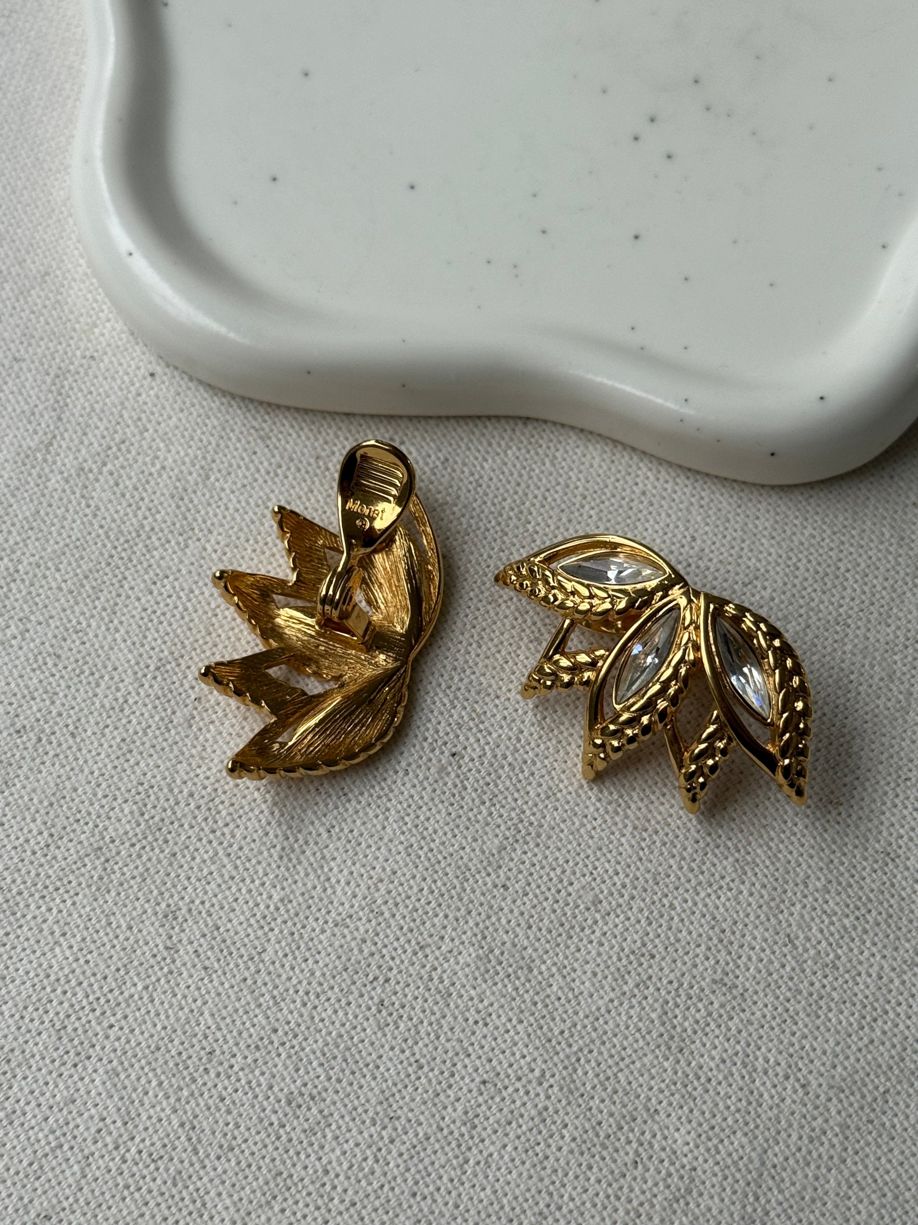 Boucles D’Oreilles Monet Vintage - Feuilles Dorées Et Strass Cristal