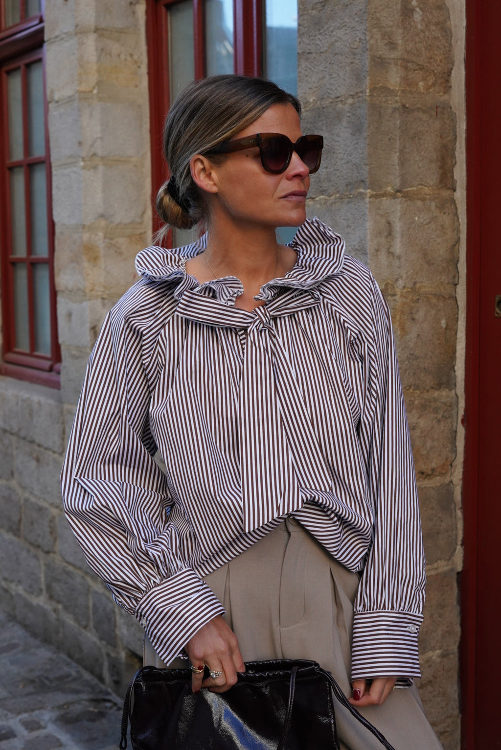 Madeleine Blouse Chocolate/White Stripe