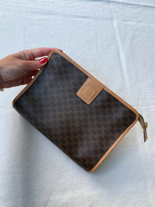 Pochette Céline Vintage - Toile Macadam Et Cuir Naturel