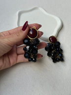 Vintage Georges Rech Earrings - Black Clusters and Burgundy Cabochons