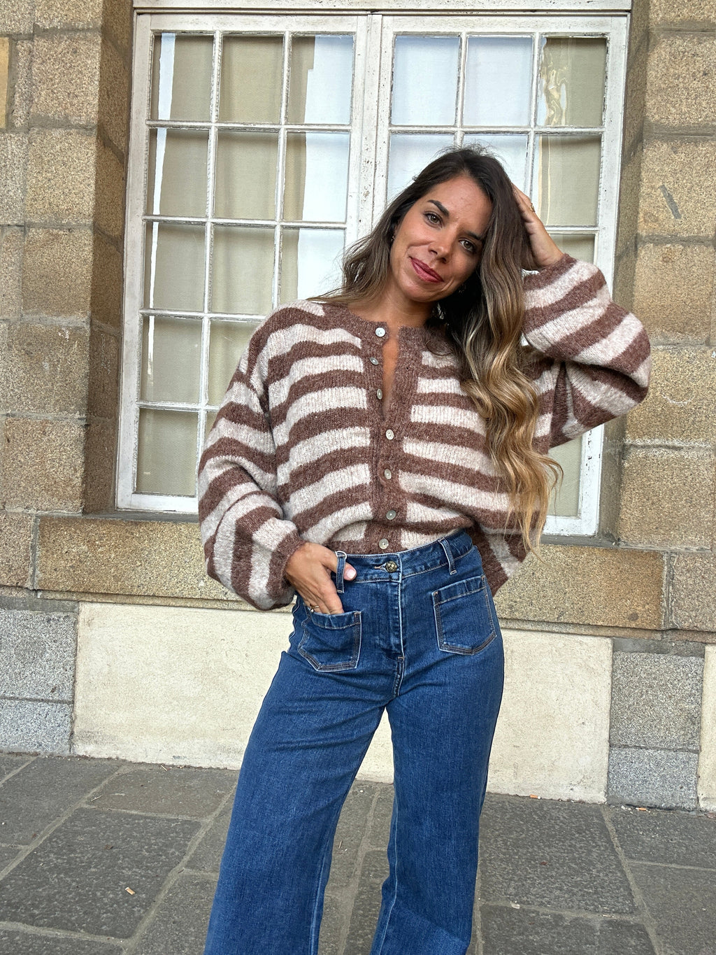 Véra Camel And Beige Striped Cardigan