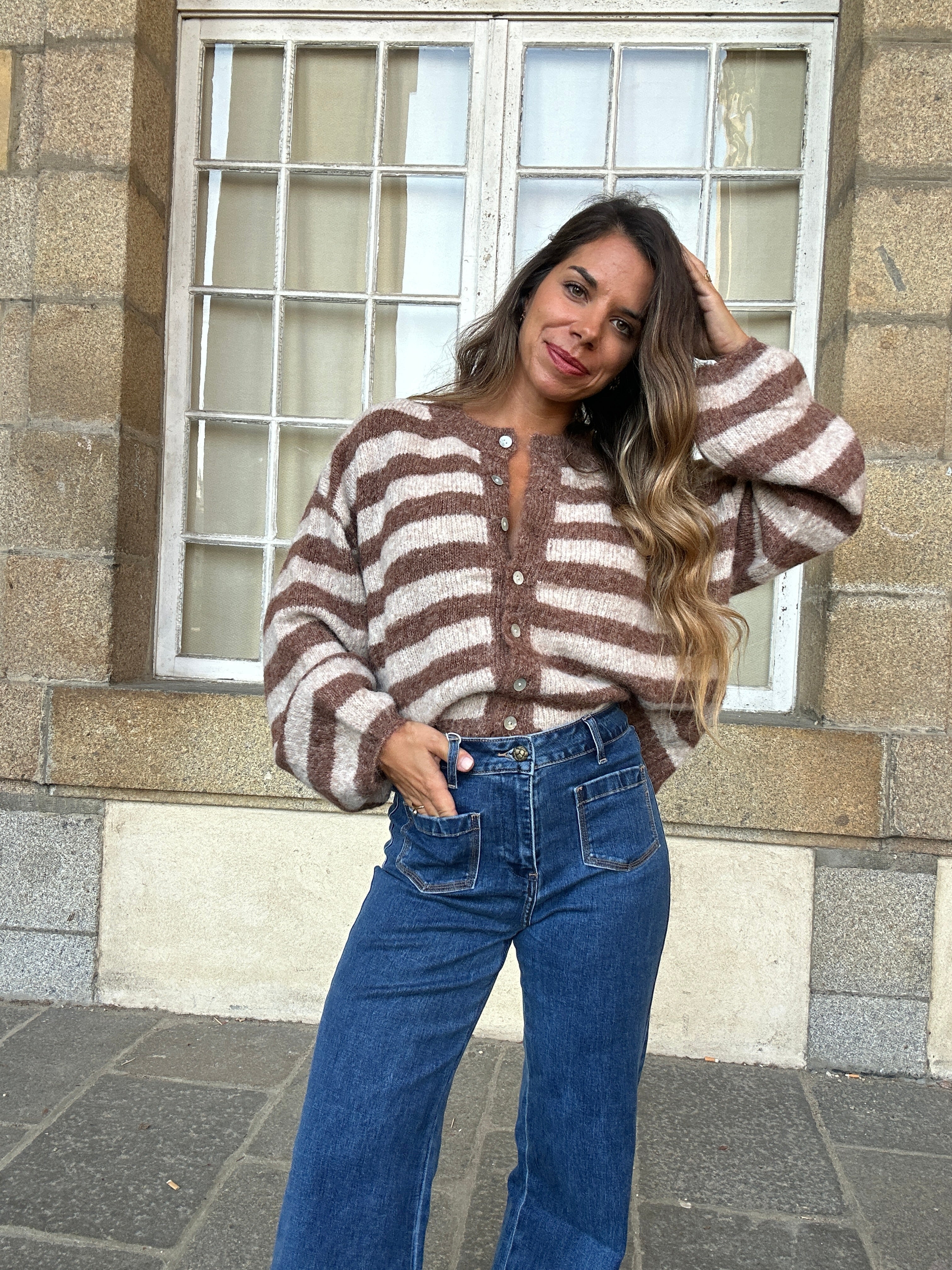 Véra Camel And Beige Striped Cardigan