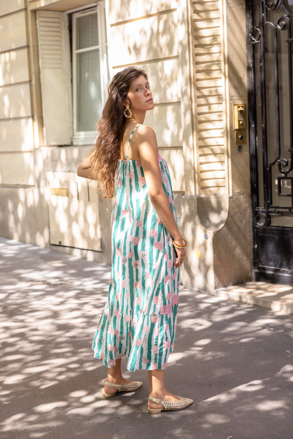 Robe À Rayures Vertes & Fleurs Roses Nouna