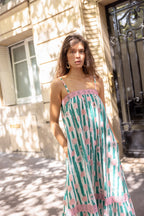 Robe À Rayures Vertes & Fleurs Roses Nouna