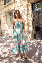 Robe À Rayures Vertes & Fleurs Roses Nouna