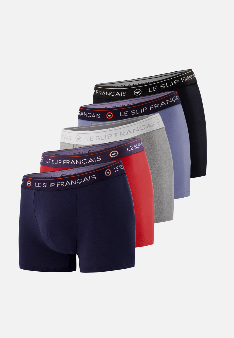 Lot De 5 Boxers En Coton - Boxers Noir Bleu Bleu Marine Gris Chiné Rouge
