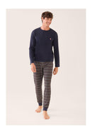 Ensemble Pyjama Haut Bleu Marine Et Bas Fantaisie En Coton - Pyjama Manuel Haut Manches Longues Uni Marine Et Bas Long Fantaisie