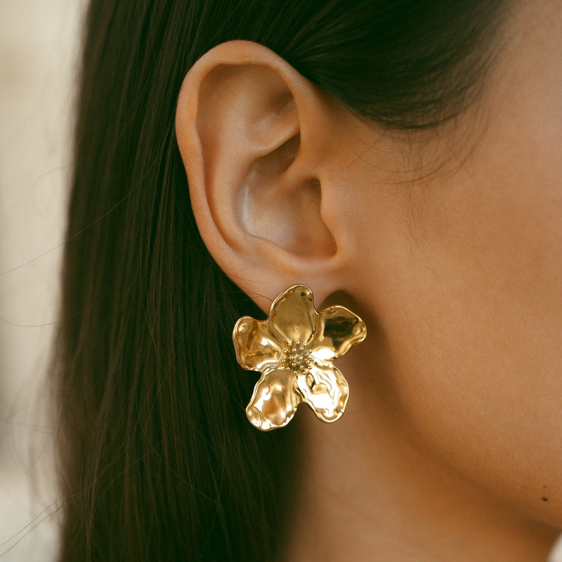 Grosse Boucles d'oreilles fleurs acier inoxydable doré 
