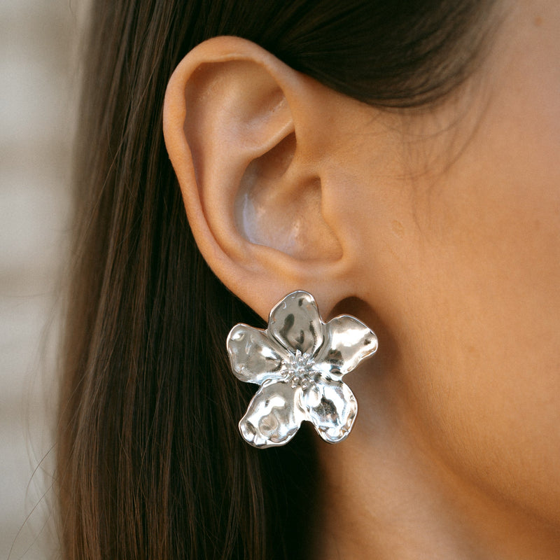 Grosse Boucles d'oreilles fleurs acier inoxydable doré 