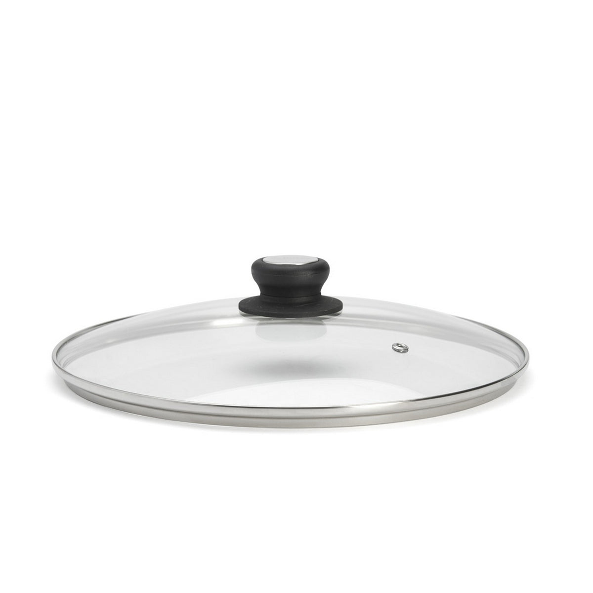 De Buyer – Couvercle Cerclé Inox Bouton Bakélite - Verre - Noir, couvercle de casserole en verre transparent avec poignée noire, vue de face