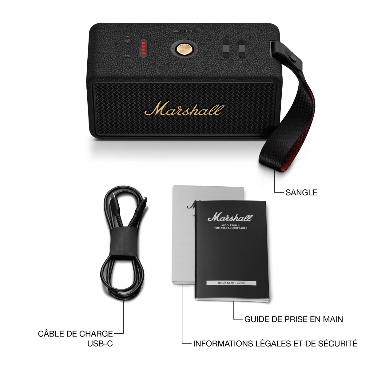 Marshall – Middleton II - Altavoz Portátil - Black & Brass, altavoz portátil negro con sus accesorios sobre fondo blanco
