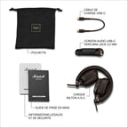 Marshall – Milton ANC - Auriculares Inalámbricos - Marrón, vista de todos los accesorios y de los auriculares Marshall