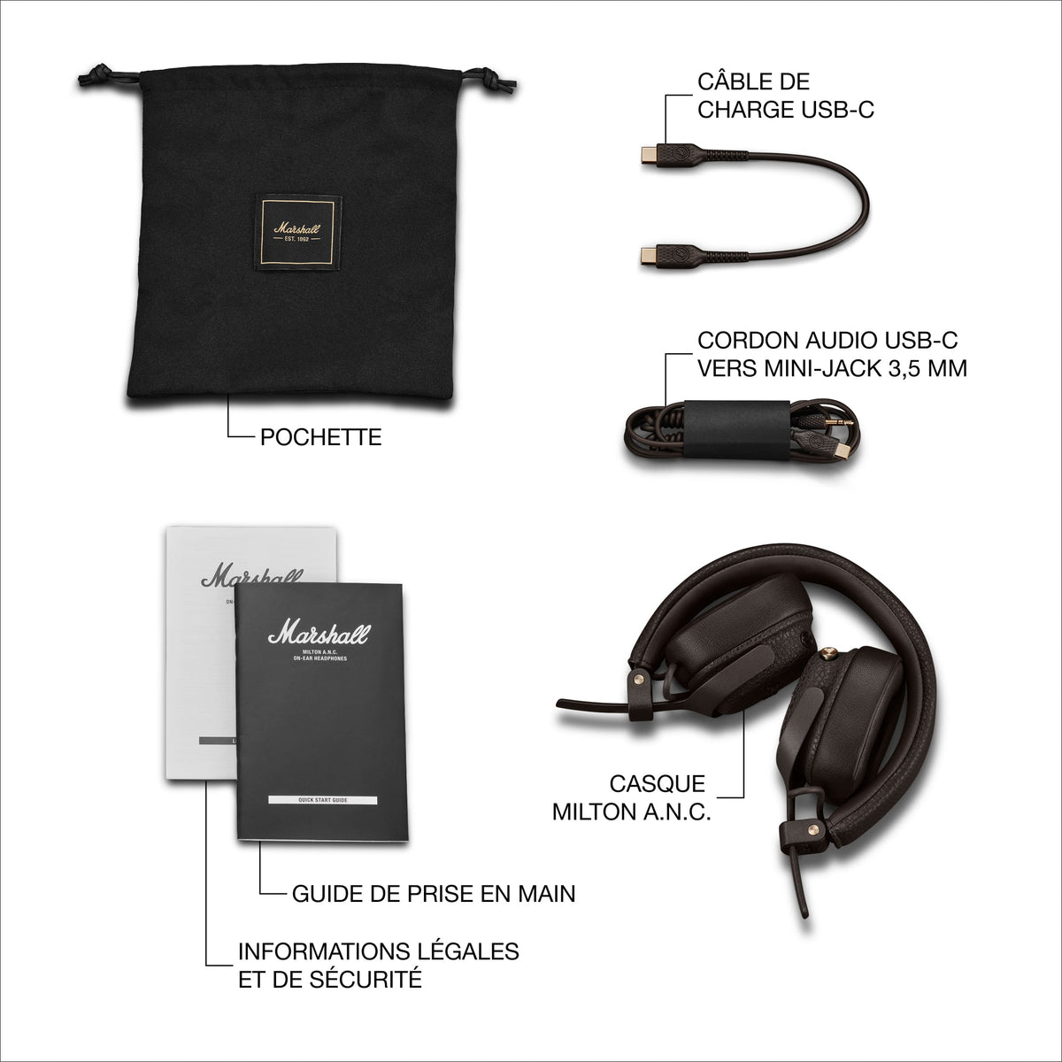 Marshall – Milton ANC - Auriculares Inalámbricos - Marrón, vista de todos los accesorios y de los auriculares Marshall