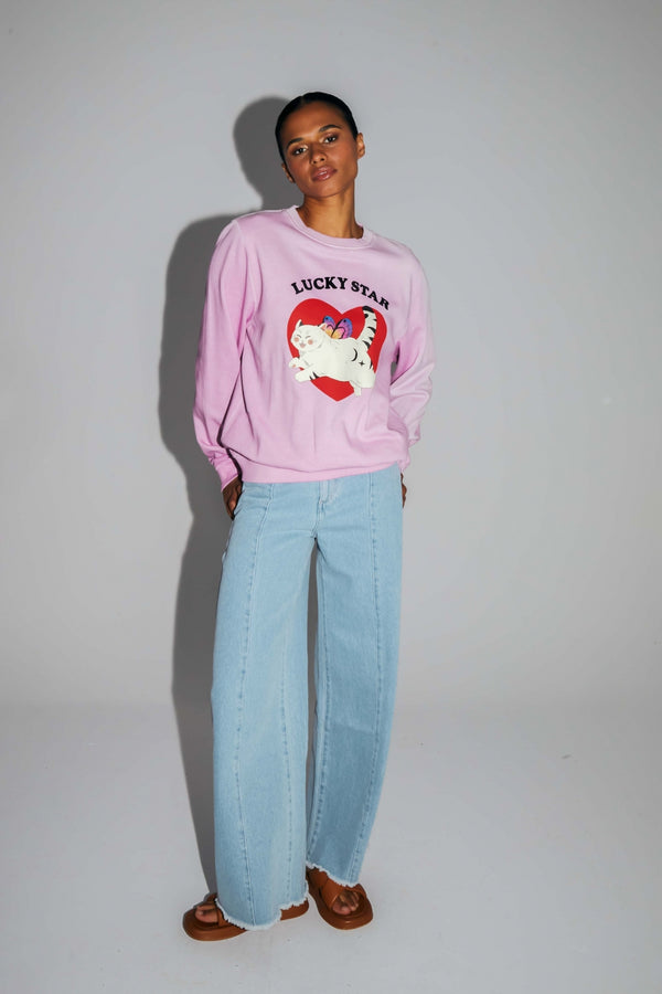 The Eddie Lucky Cat Sweatshirt In Faded Pink Organic Cotton Made In Portugal