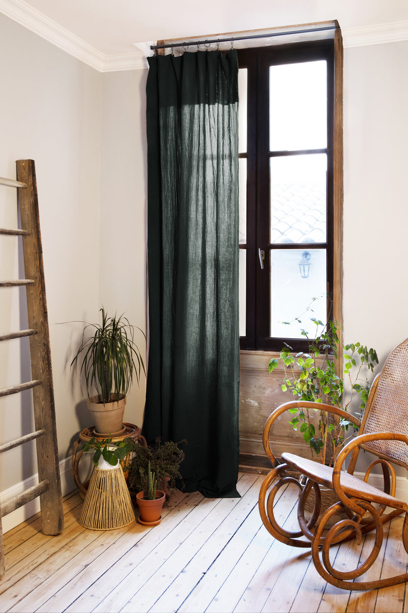 Rideau Ajustable + 8 Anneaux Pince - Double Gaze De Coton Unie - Gaia - Sapin