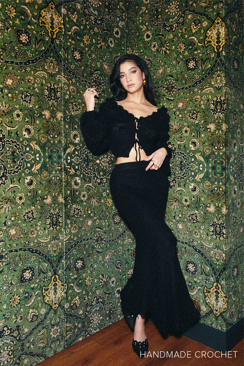 Jupe Longue En Mohair Melangé En Crochet À Fleurs - Noir