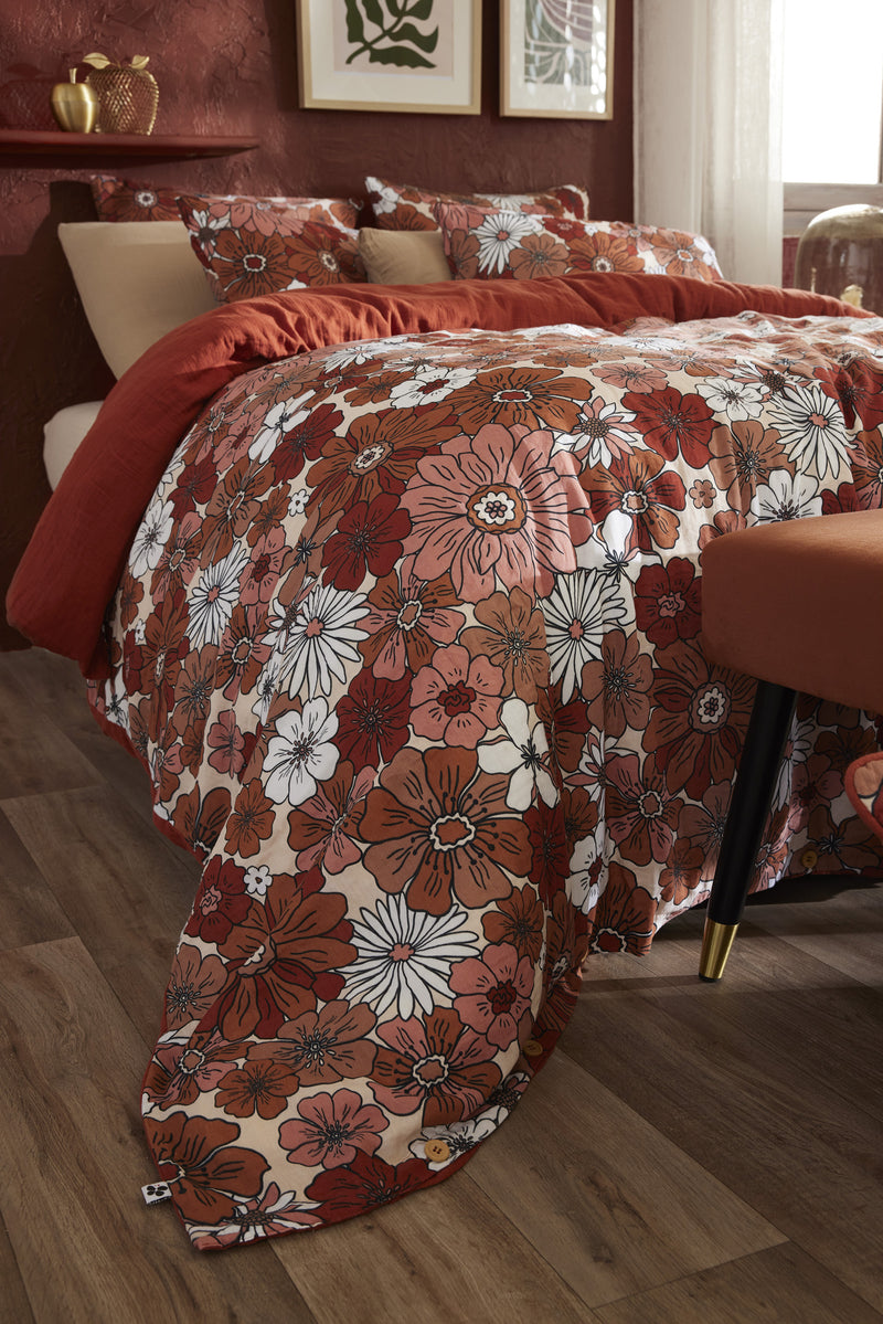 Housse De Couette Réversible - Gaze De Coton Imprimée - Anna - Terracotta