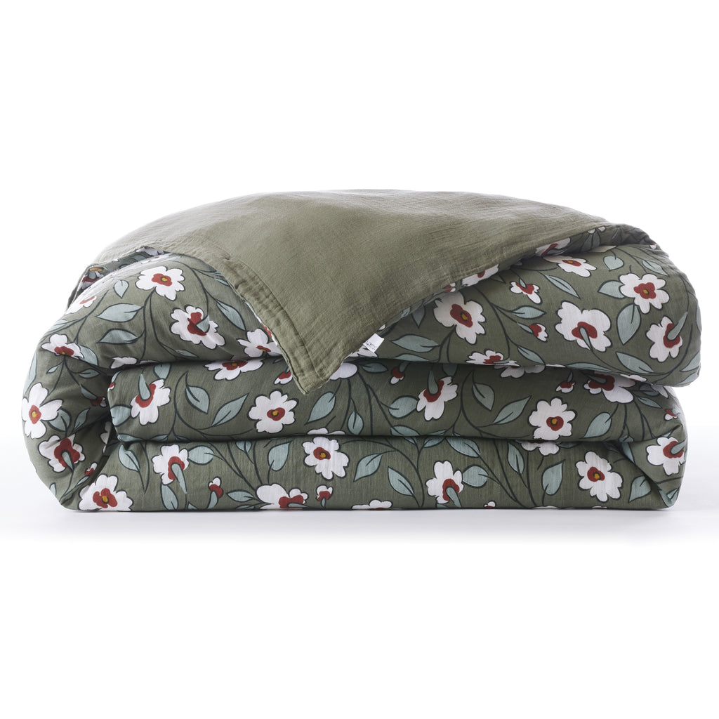 Funda Nórdica Reversible - Gasa de Algodón Estampada - Flora - Romero
