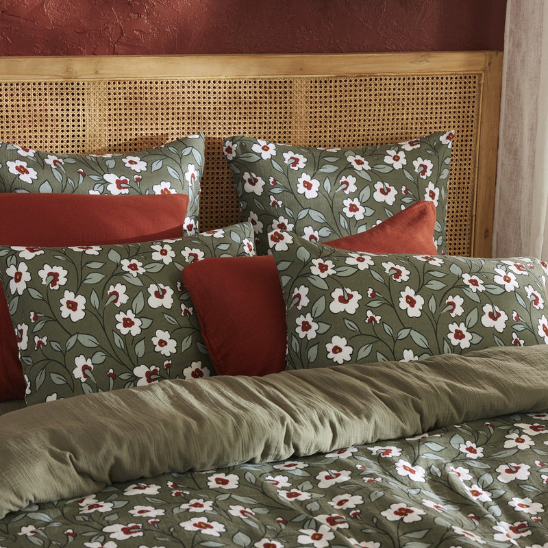 Housse De Couette Réversible - Gaze De Coton Imprimée - Flora - Romarin