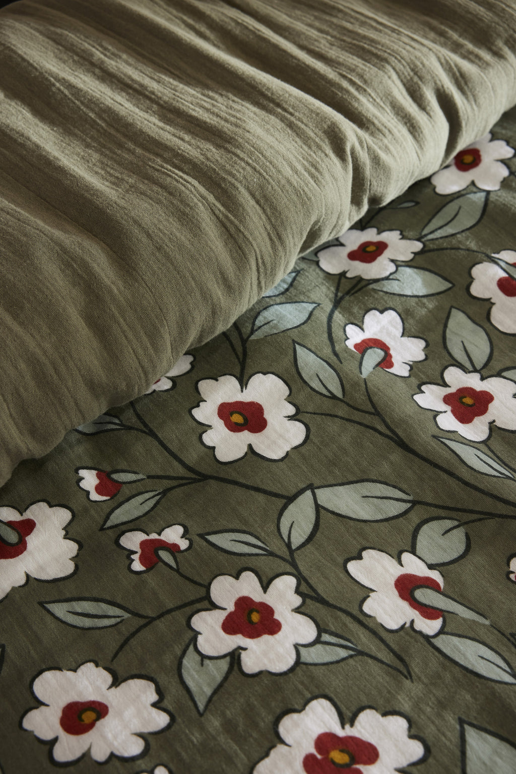 Funda Nórdica Reversible - Gasa de Algodón Estampada - Flora - Romero