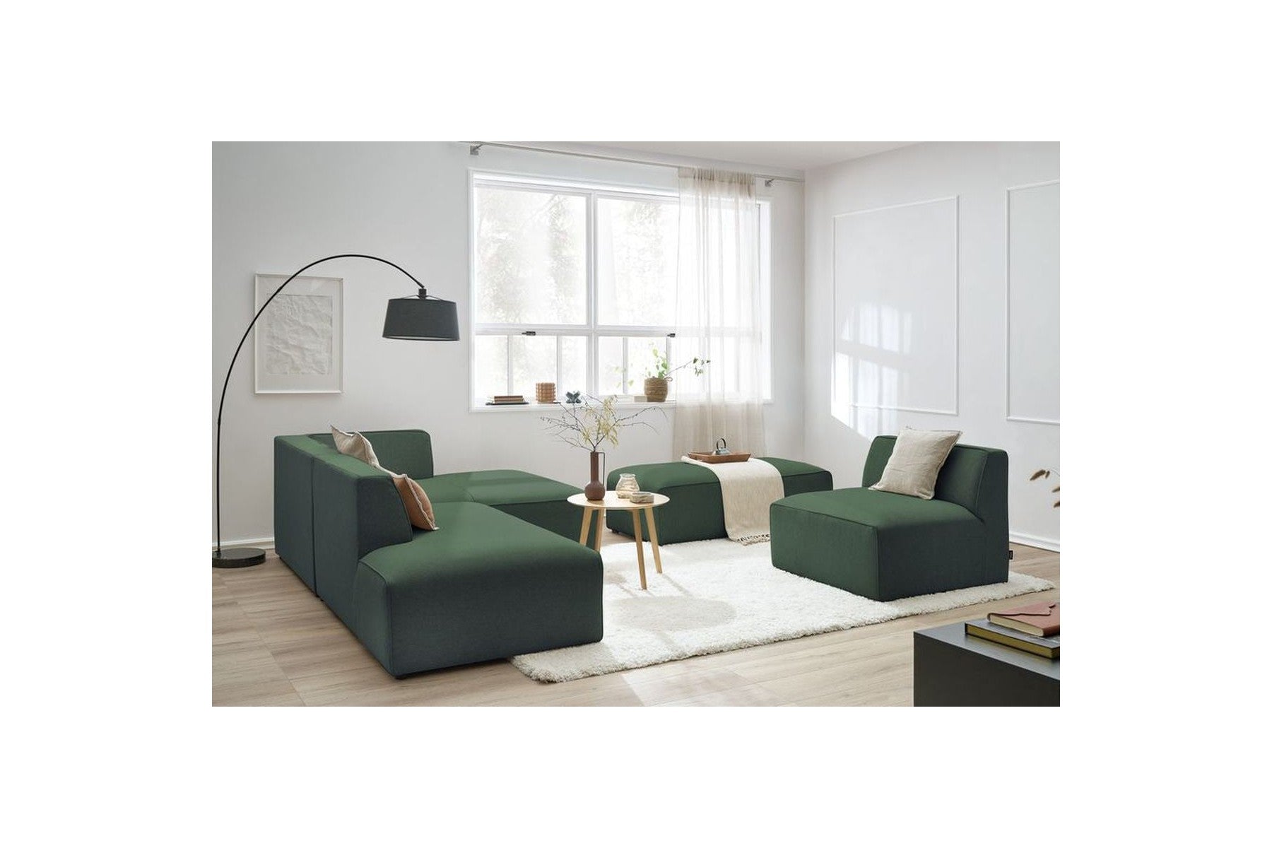 Megeve - Canapé D'Angle Fixe Modulable - Tissu Lisse Avec 1 Chauffeuse Et 1 Pouf - Angle Droit