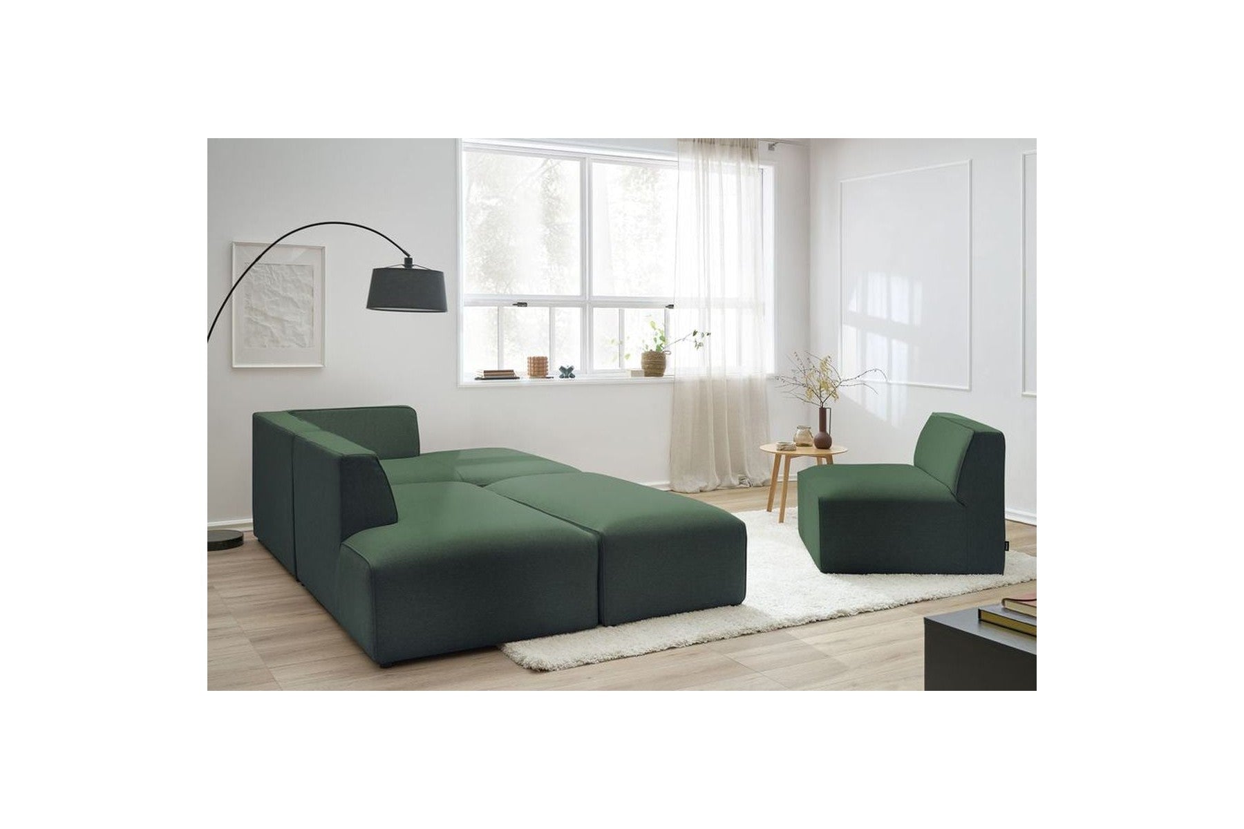 Megeve - Canapé D'Angle Fixe Modulable - Tissu Lisse Avec 1 Chauffeuse Et 1 Pouf - Angle Droit