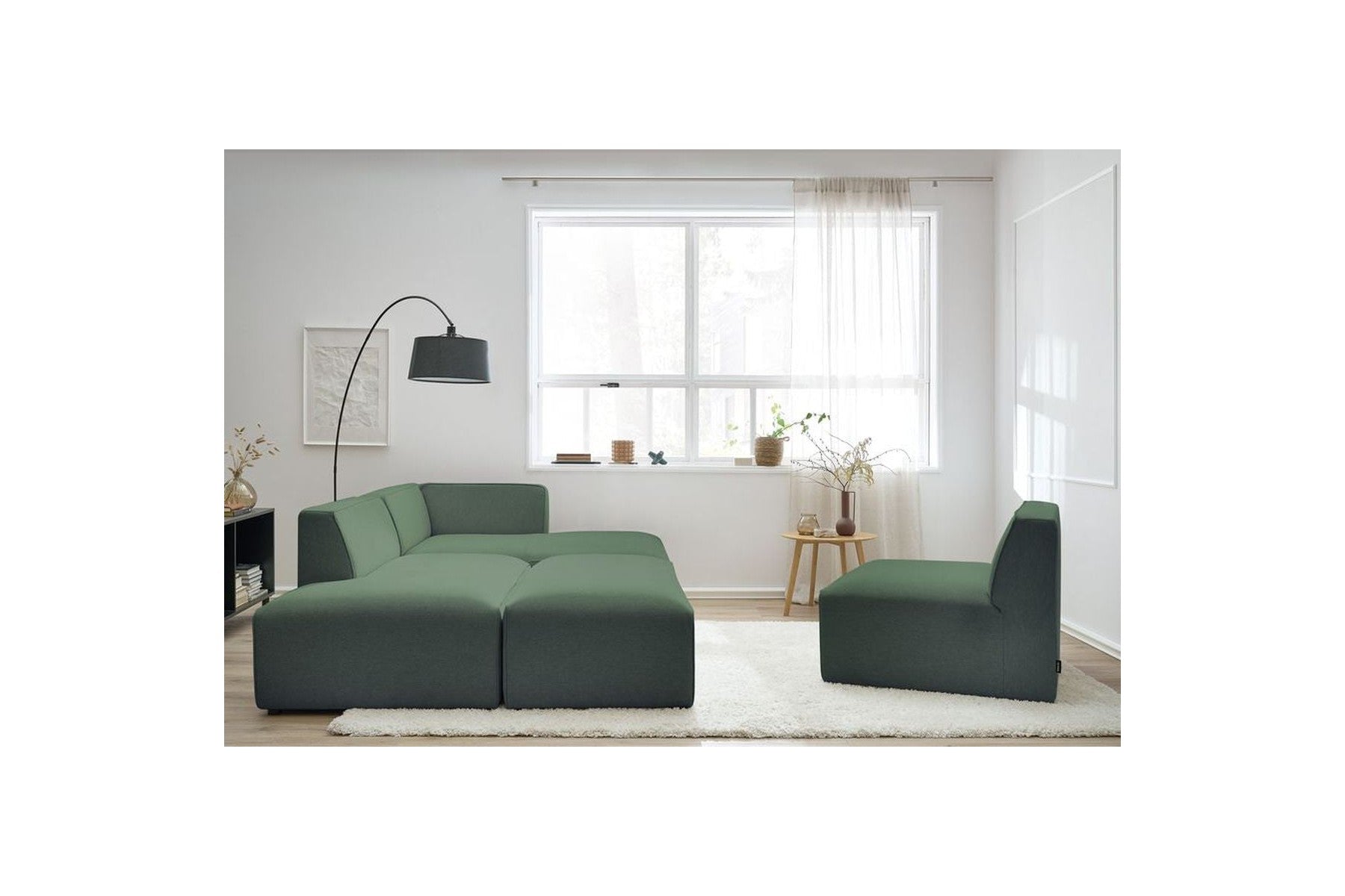 Megeve - Canapé D'Angle Fixe Modulable - Tissu Lisse Avec 1 Chauffeuse Et 1 Pouf - Angle Droit