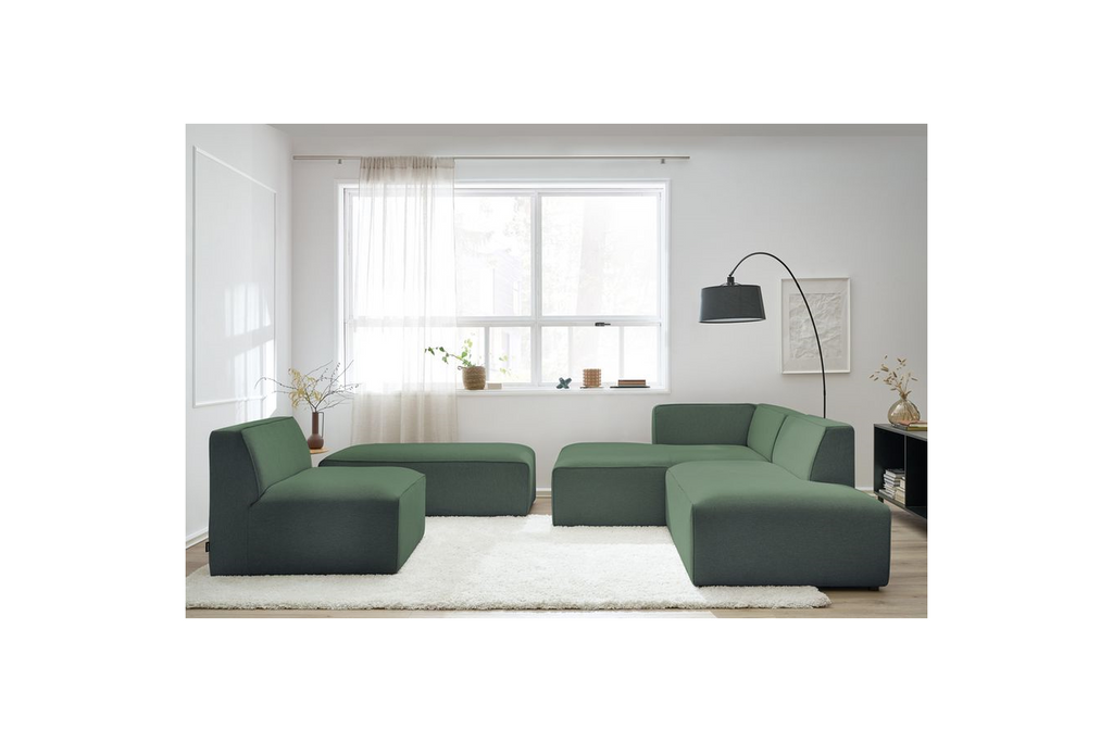 Megeve - Canapé D'Angle Fixe Modulable - Tissu Lisse Avec 1 Chauffeuse Et 1 Pouf - Angle Gauche