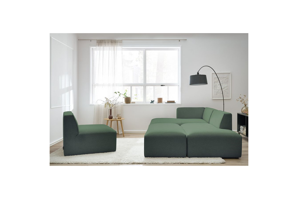 Megeve - Canapé D'Angle Fixe Modulable - Tissu Lisse Avec 1 Chauffeuse Et 1 Pouf - Angle Gauche