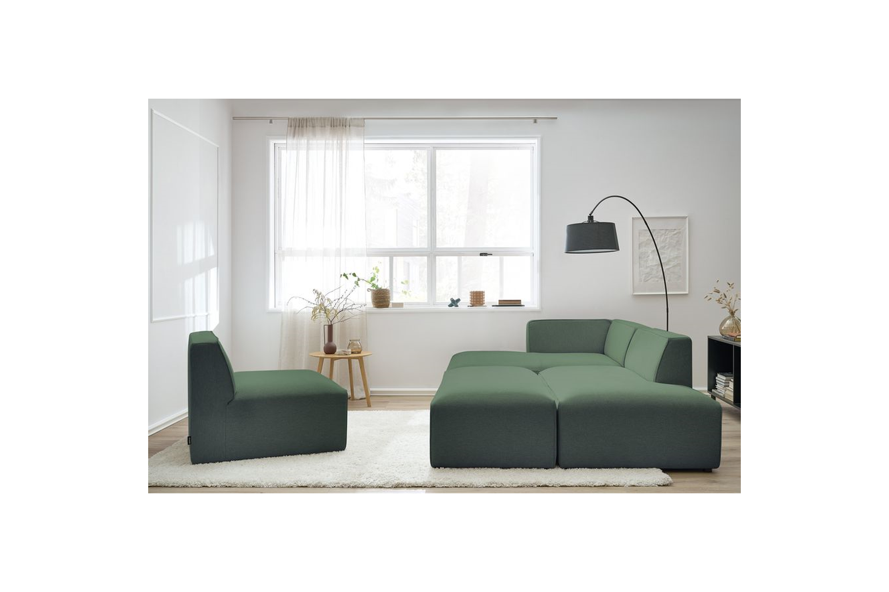 Megeve - Canapé D'Angle Fixe Modulable - Tissu Lisse Avec 1 Chauffeuse Et 1 Pouf - Angle Gauche