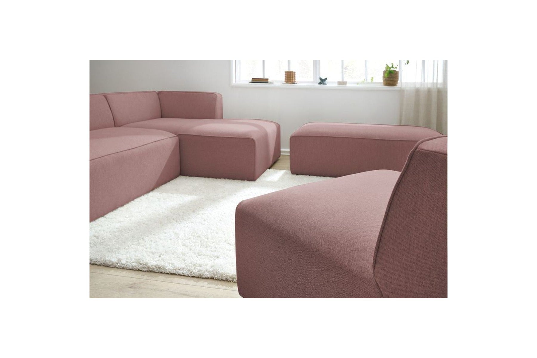 Megeve - Canapé D'Angle Fixe Modulable - Tissu Lisse Avec 1 Chauffeuse Et 1 Pouf - Angle Droit