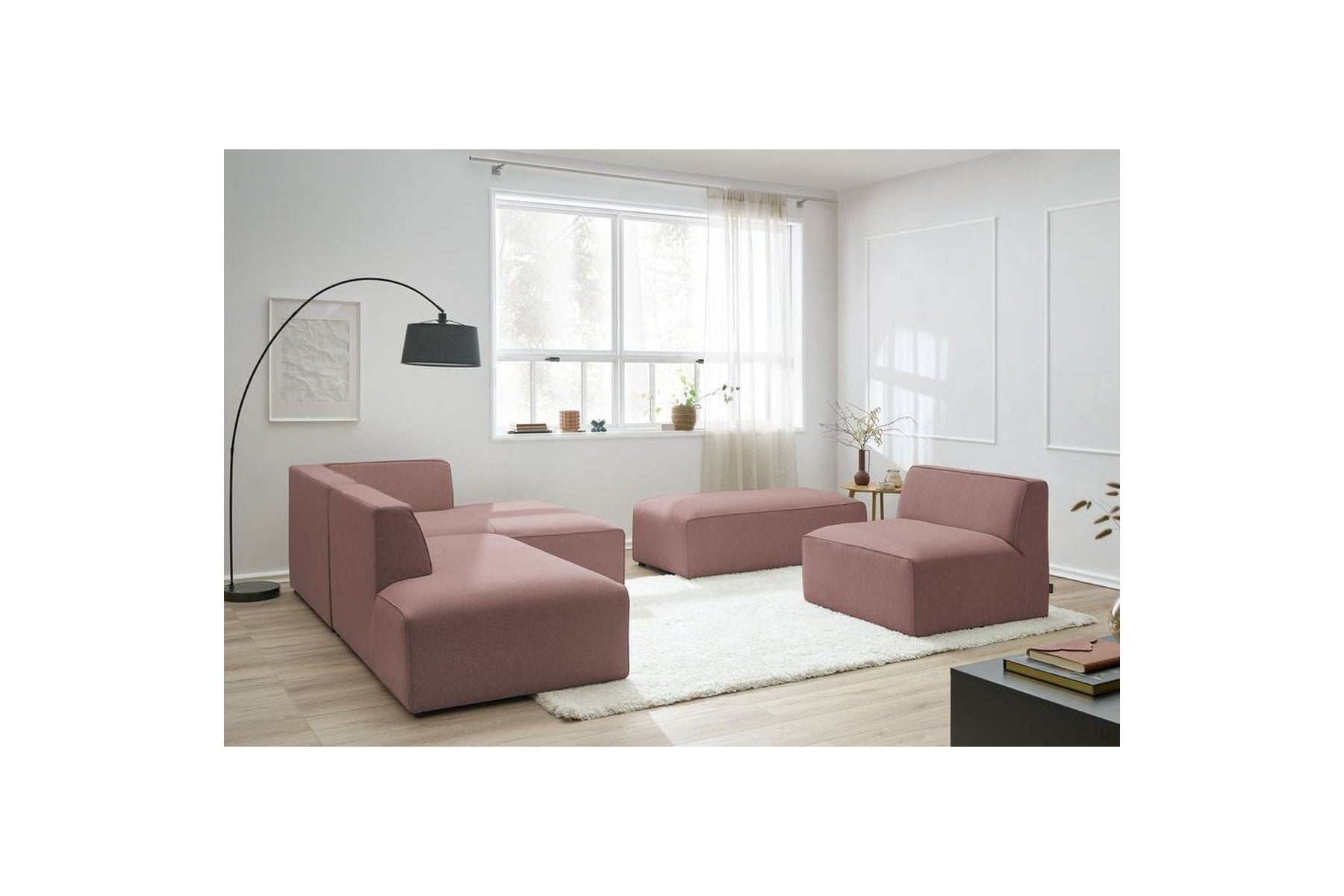 Megeve - Canapé D'Angle Fixe Modulable - Tissu Lisse Avec 1 Chauffeuse Et 1 Pouf - Angle Droit