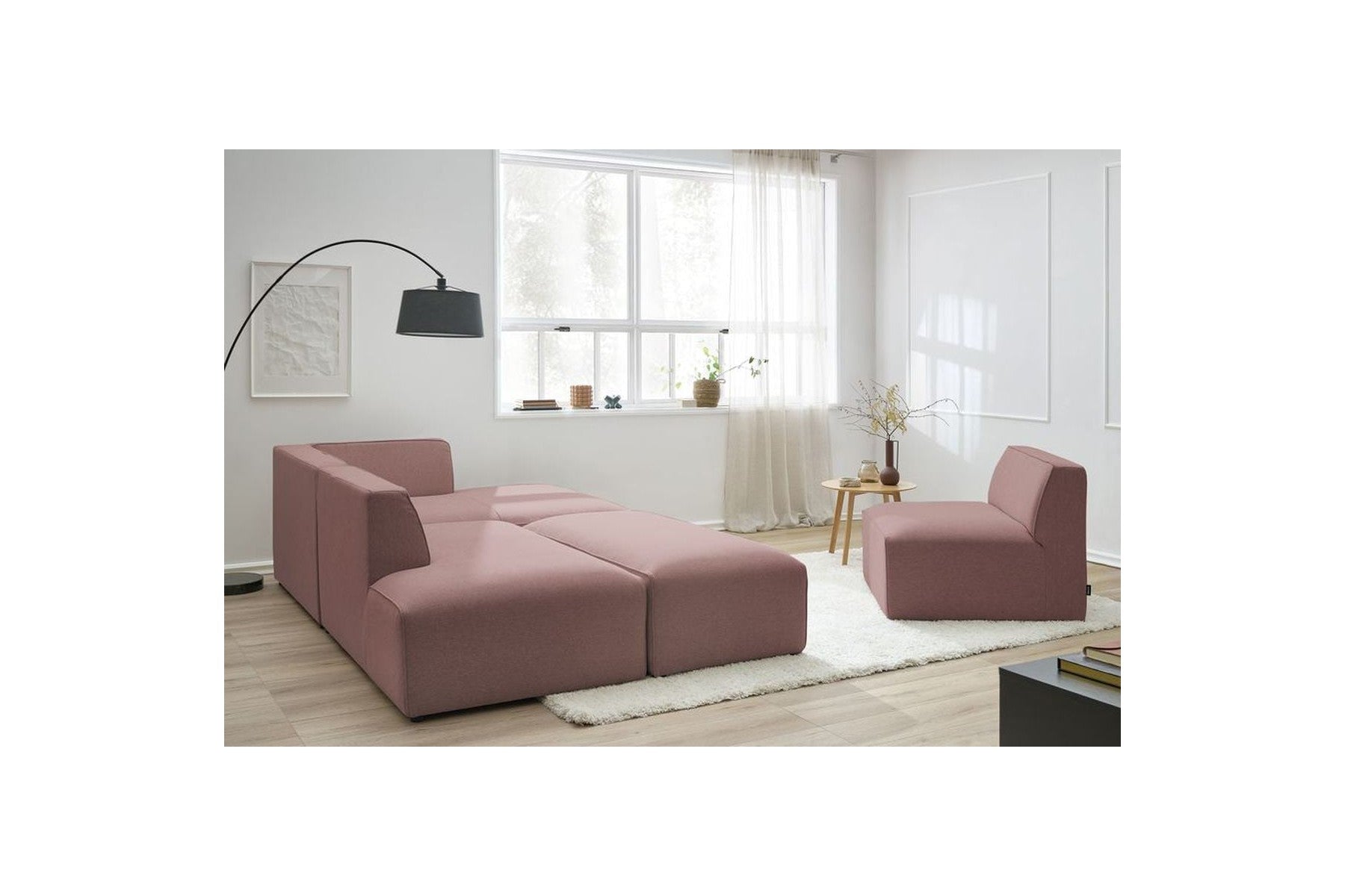 Megeve - Canapé D'Angle Fixe Modulable - Tissu Lisse Avec 1 Chauffeuse Et 1 Pouf - Angle Droit