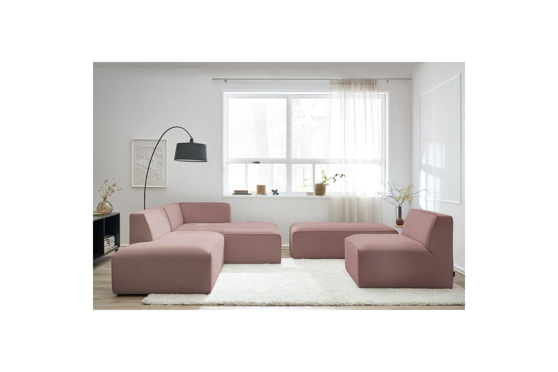 Megeve - Canapé D'Angle Fixe Modulable - Tissu Lisse Avec 1 Chauffeuse Et 1 Pouf - Angle Droit