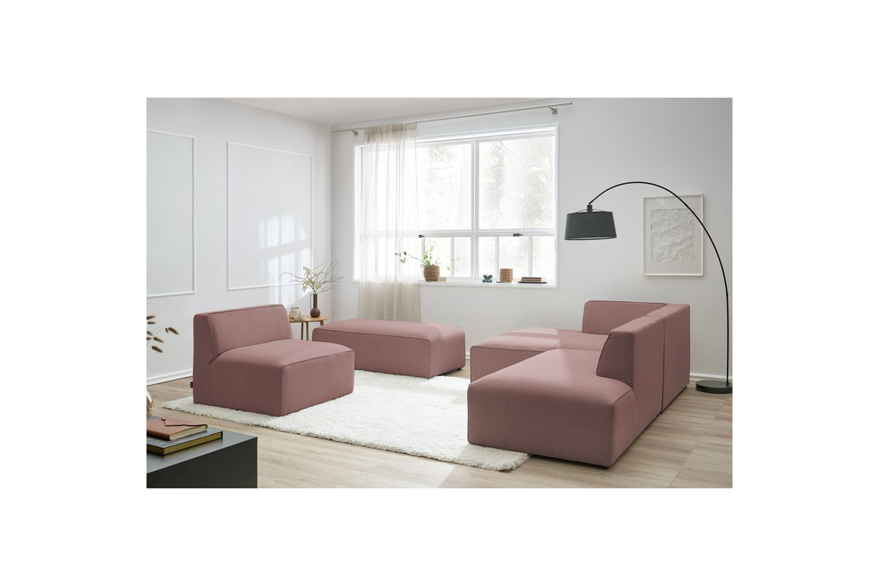 Megeve - Canapé D'Angle Fixe Modulable - Tissu Lisse Avec 1 Chauffeuse Et 1 Pouf - Angle Gauche