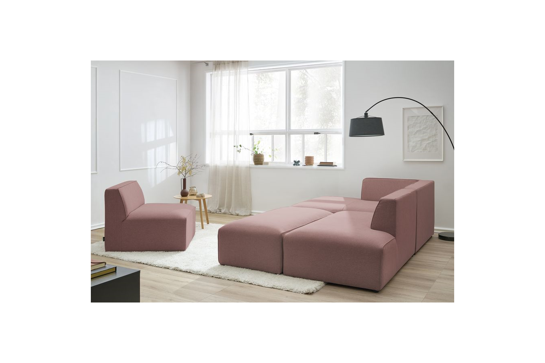 Megeve - Canapé D'Angle Fixe Modulable - Tissu Lisse Avec 1 Chauffeuse Et 1 Pouf - Angle Gauche
