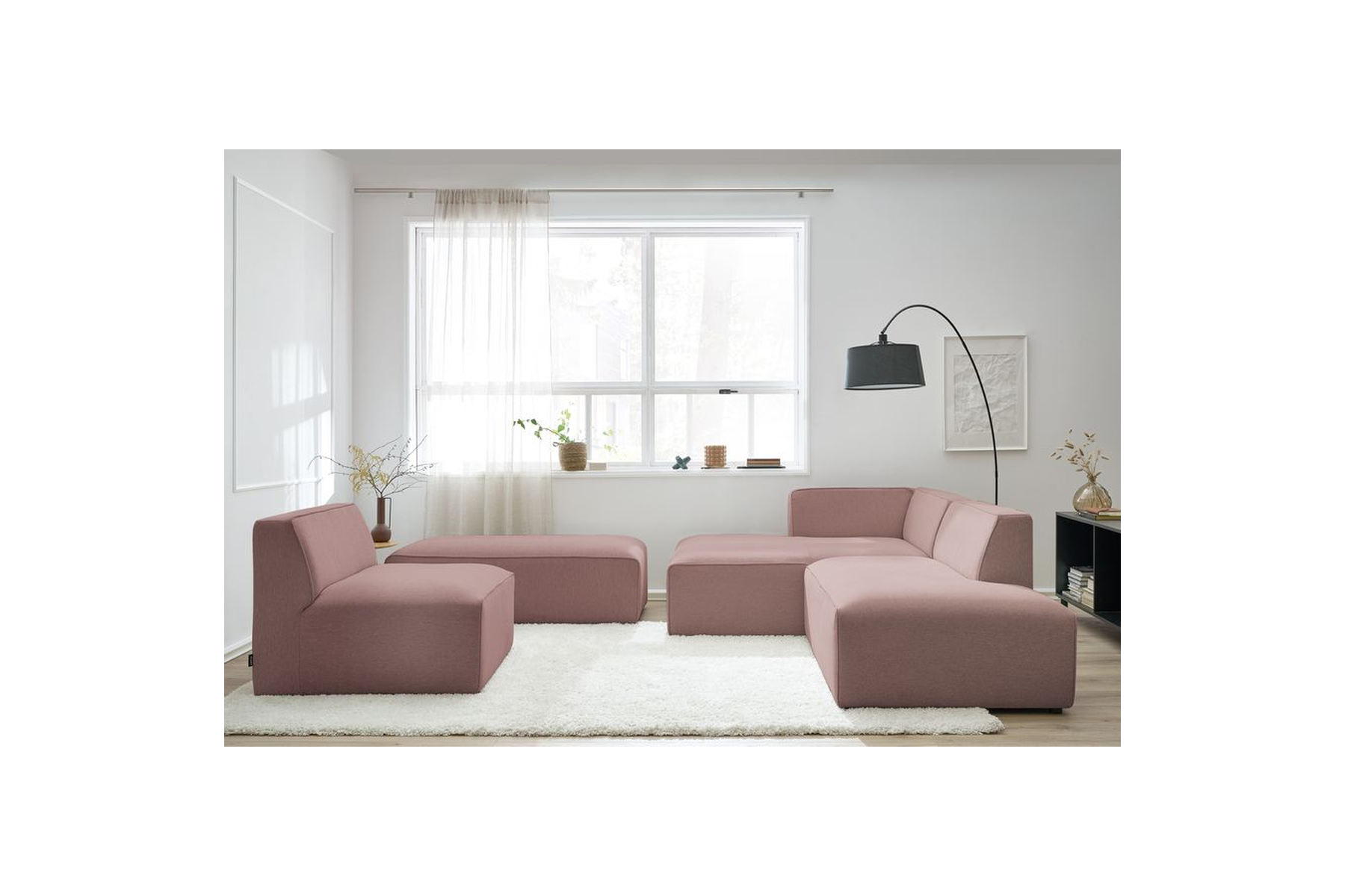 Megeve - Canapé D'Angle Fixe Modulable - Tissu Lisse Avec 1 Chauffeuse Et 1 Pouf - Angle Gauche
