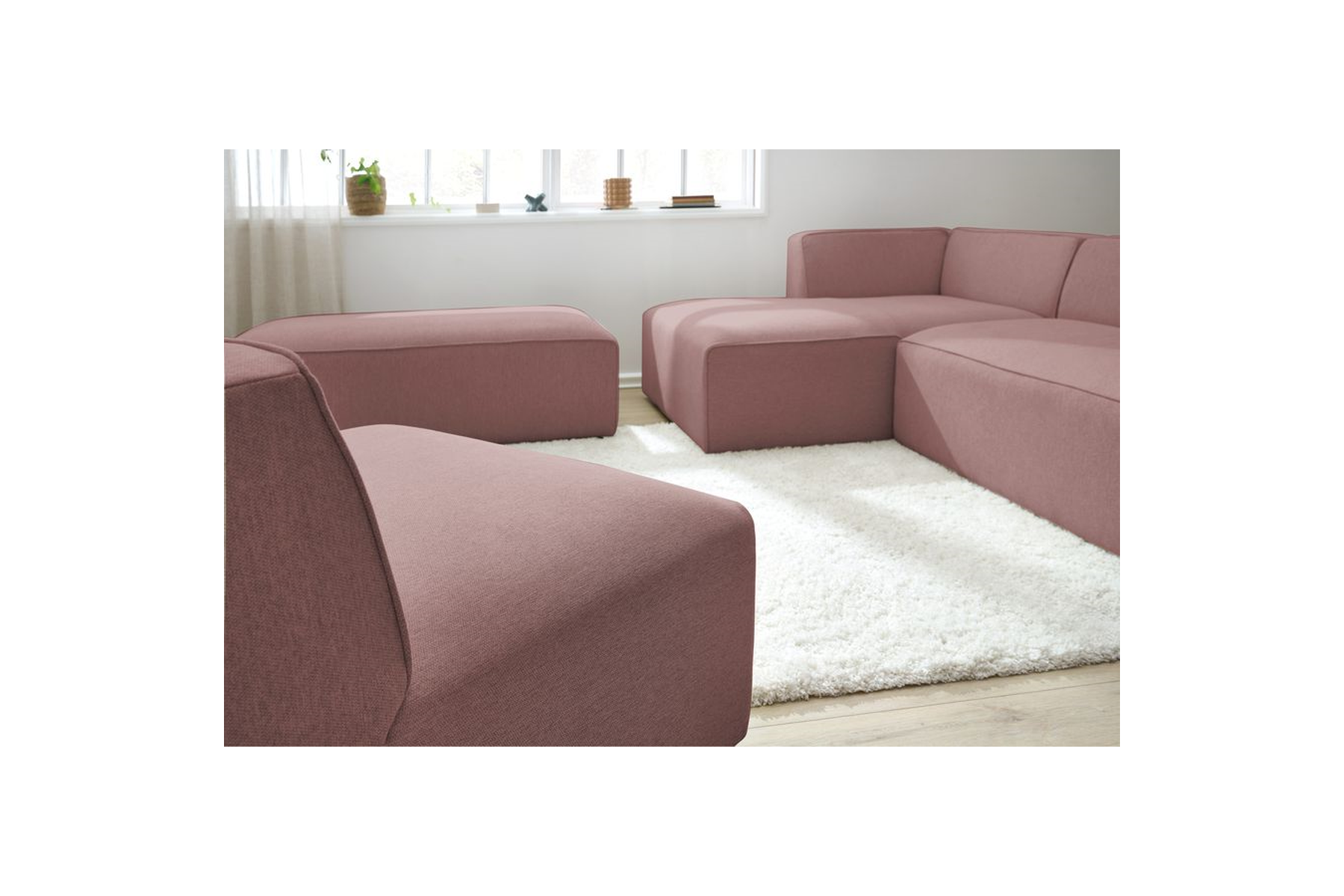Megeve - Canapé D'Angle Fixe Modulable - Tissu Lisse Avec 1 Chauffeuse Et 1 Pouf - Angle Gauche