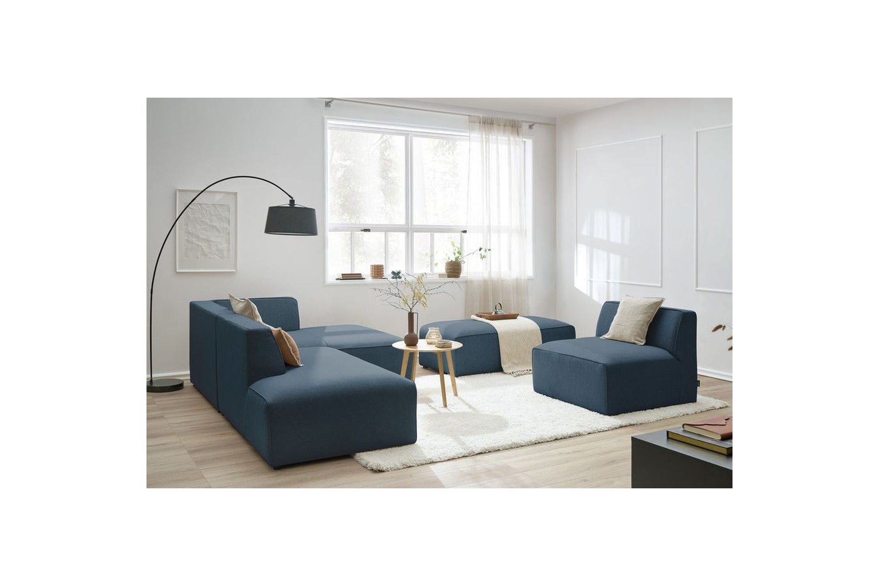 Megeve - Canapé D'Angle Fixe Modulable - Tissu Lisse Avec 1 Chauffeuse Et 1 Pouf - Angle Droit