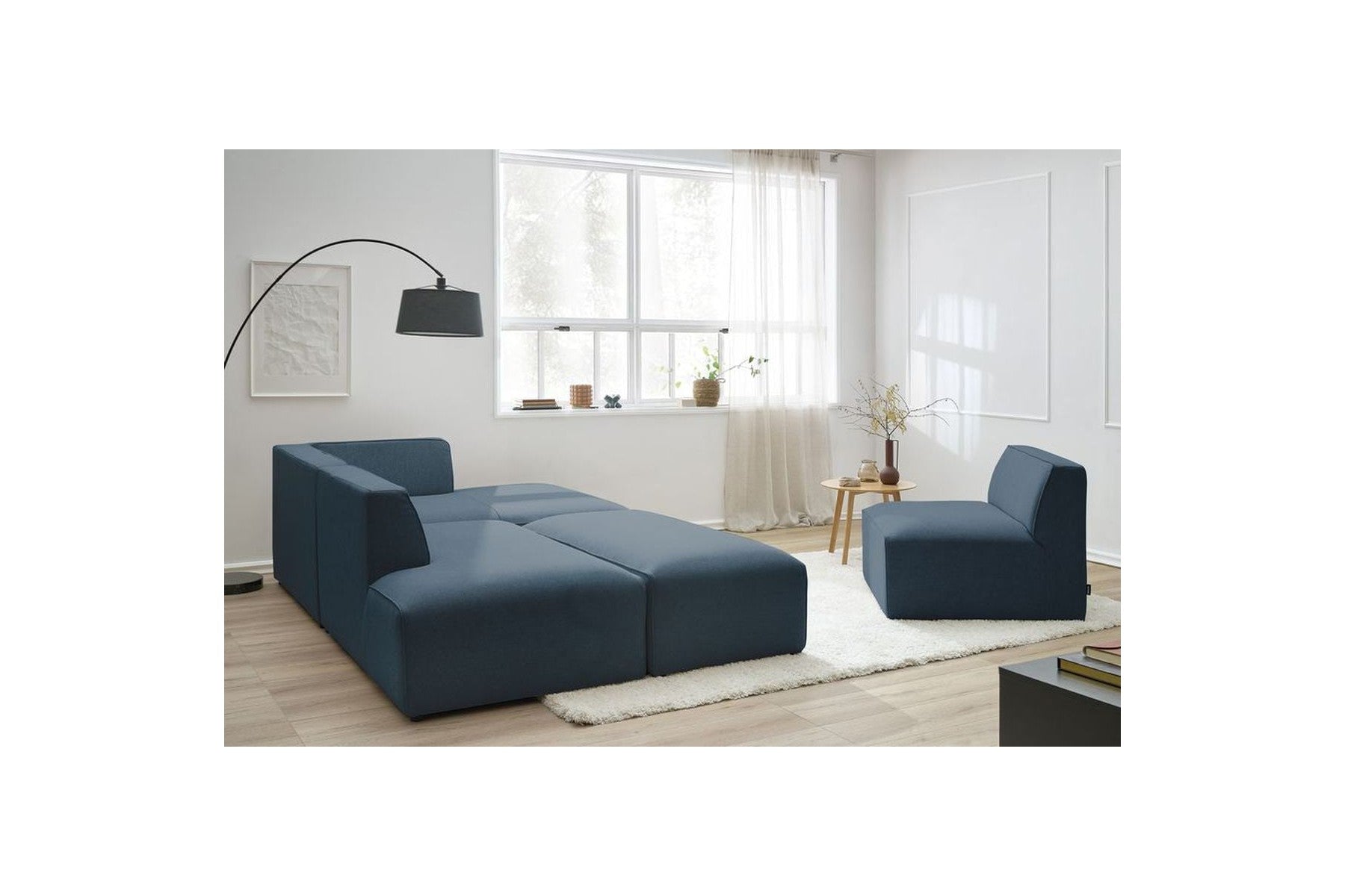 Megeve - Canapé D'Angle Fixe Modulable - Tissu Lisse Avec 1 Chauffeuse Et 1 Pouf - Angle Droit