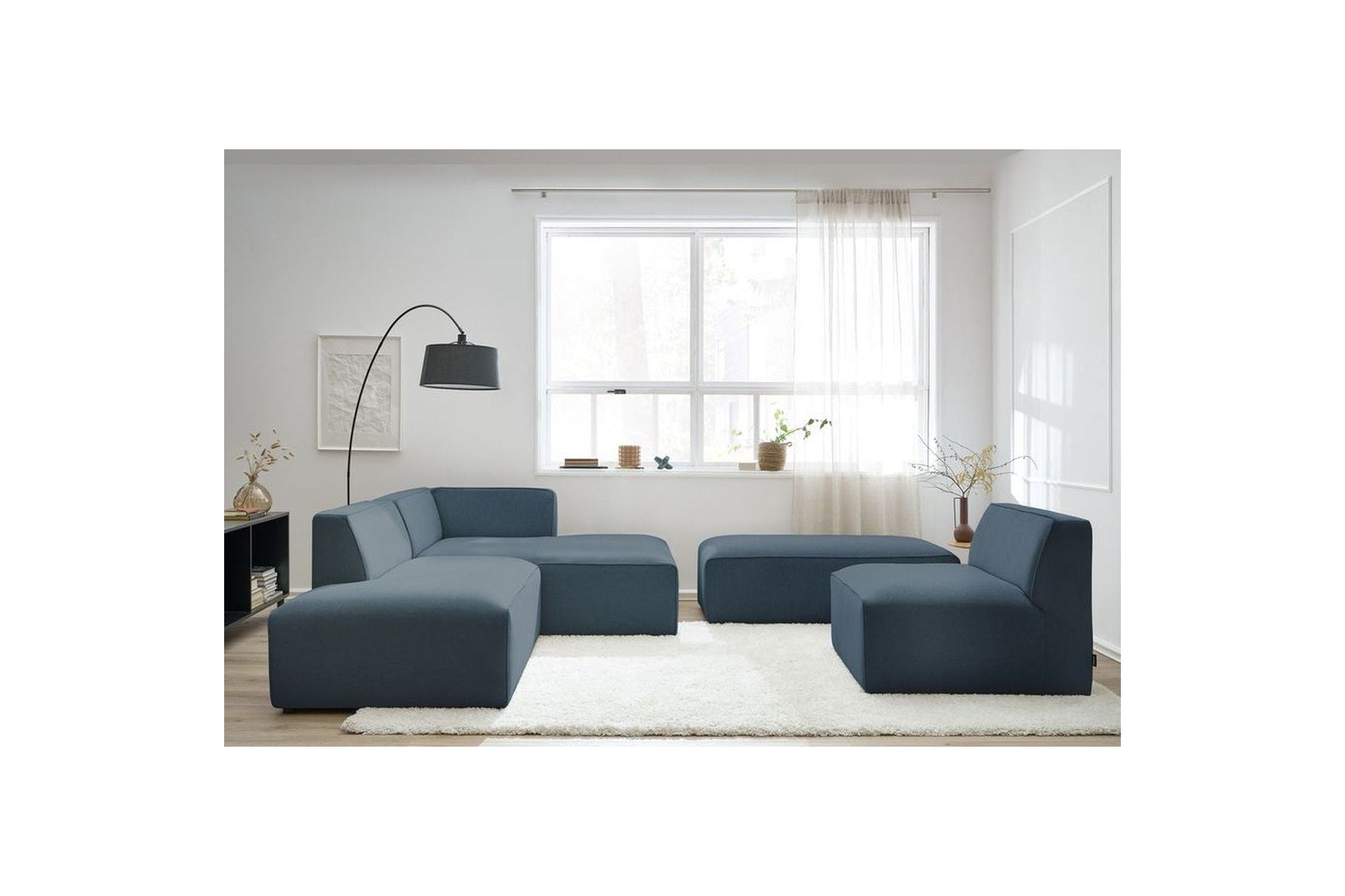 Megeve - Canapé D'Angle Fixe Modulable - Tissu Lisse Avec 1 Chauffeuse Et 1 Pouf - Angle Droit